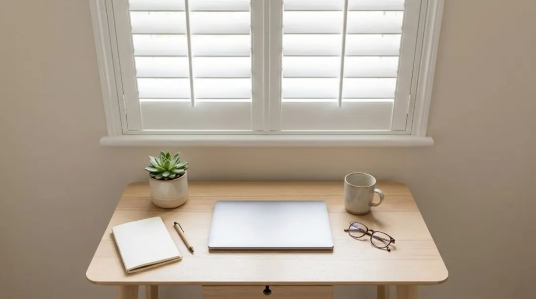A compact spare room with a small desk set beside a window fitted with white plantation shutters, louvres tilted partly open, a laptop and a small plant on the desk
