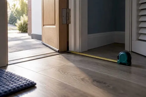 Clearance at a door threshold being measured before shutters are fitted nearby