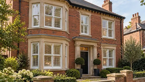 Period house front with white plantation shutters visible behind the sash windows
