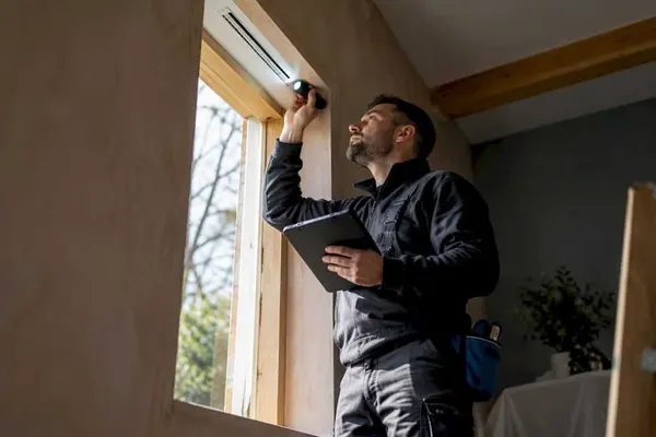 Surveyor checking the measurements of a window opening before shutters are made