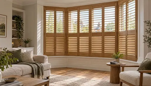 Timber plantation shutters fitted across a bay window in a traditional room