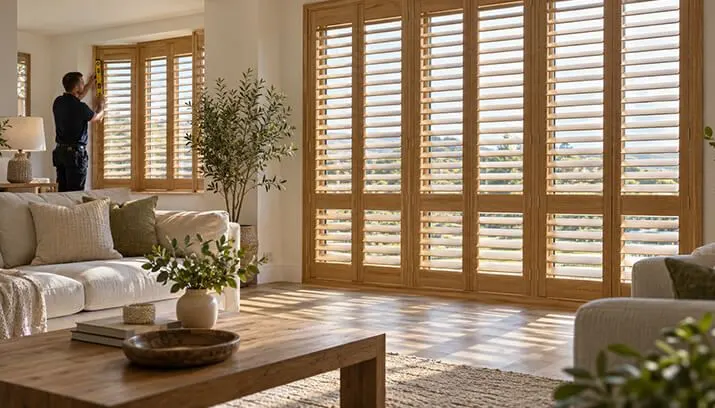 Wooden shutters with tilted louvres softening daylight in a calm living room